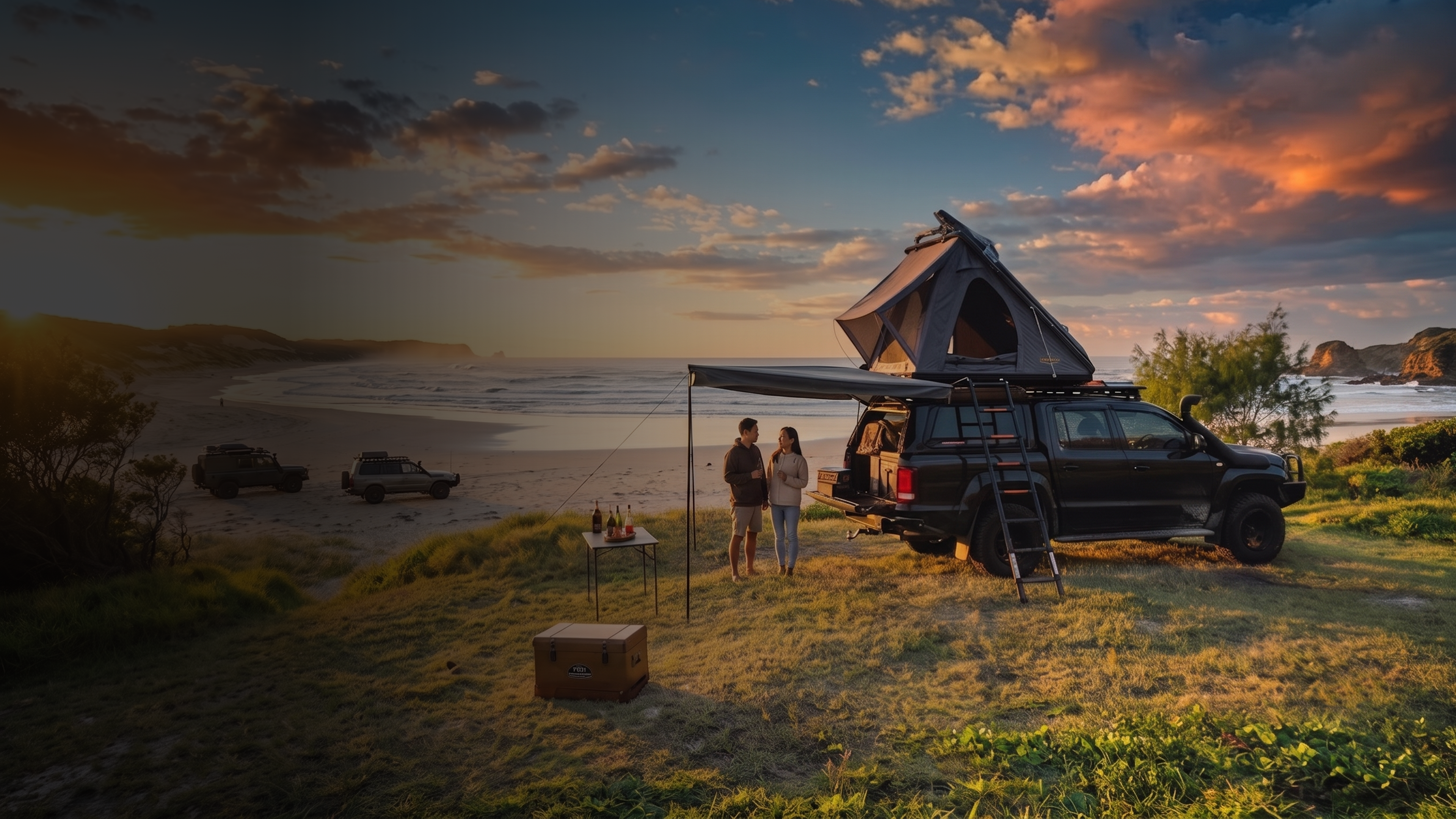 Pickup truck with overland canopy in a camping setting